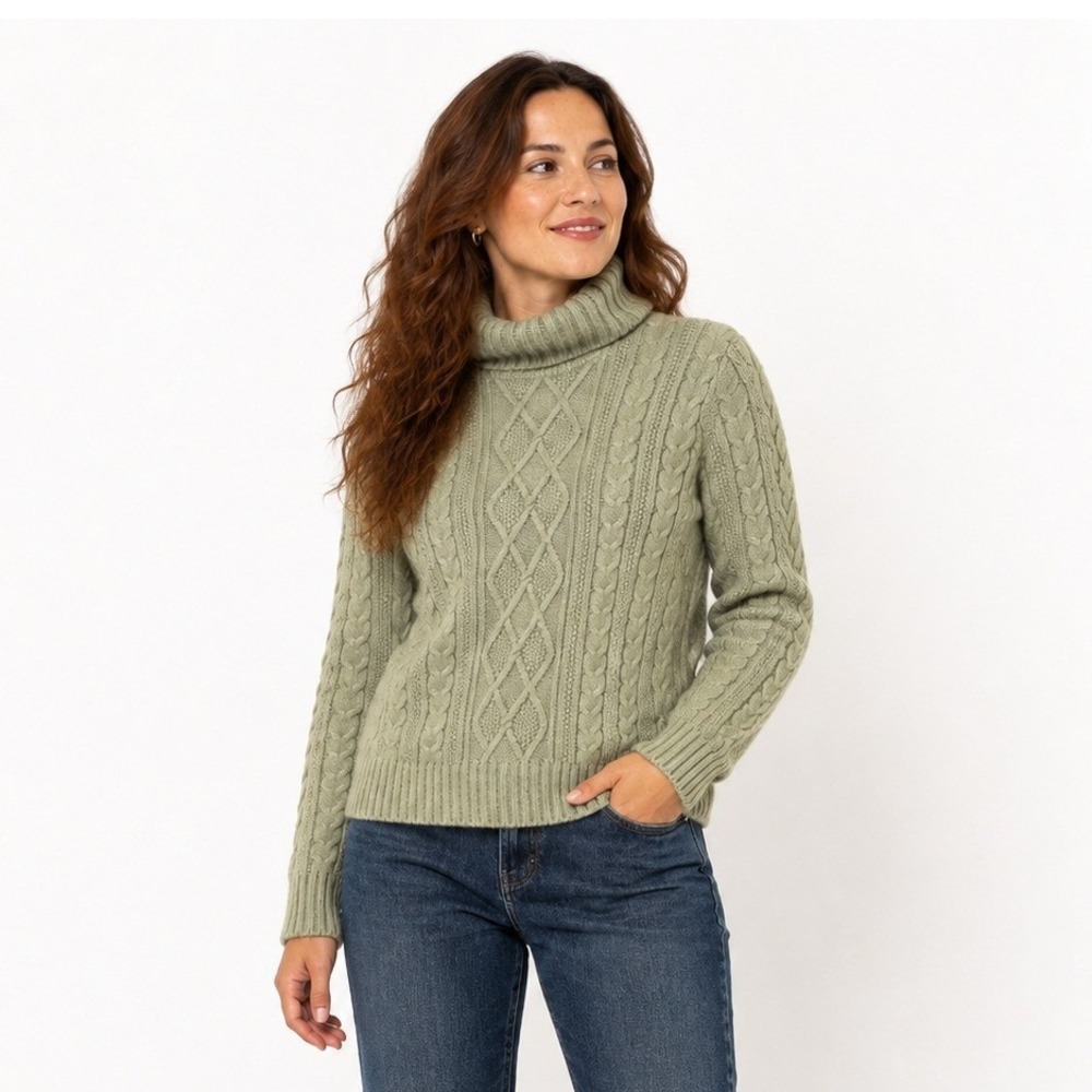 Vintage Chunky Cotton Cable Knit Turtleneck Sweater M Sage Fisherman Cabincore
